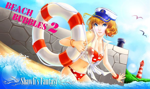 Anime picture 1920x1140 with beach bubbles 2 (game) shawli single highres short hair blue eyes light erotic brown hair wide image sky cloud (clouds) nail polish lips sunlight realistic inscription polka dot girl navel swimsuit
