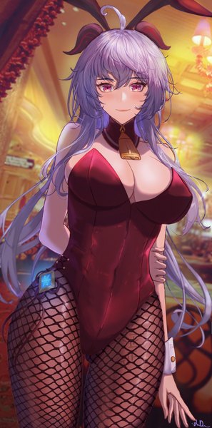 Anime picture 1862x3759 with genshin impact ganyu (genshin impact) xude single long hair tall image looking at viewer blush fringe highres breasts light erotic hair between eyes large breasts standing purple eyes signed animal ears blue hair cleavage