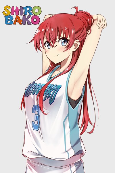 Anime picture 1000x1500 with shirobako p.a. works sakaki shizuka sunuu (miya) single long hair tall image looking at viewer blush fringe blue eyes simple background smile red hair grey background armpit (armpits) hair bun (hair buns) copyright name arms behind head half updo