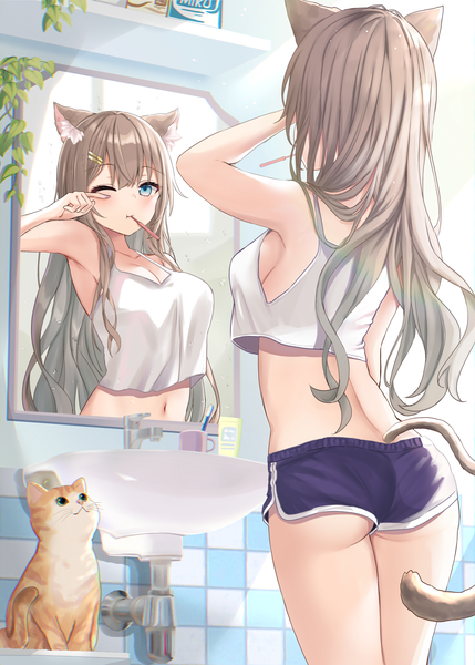 Anime picture 1500x2098 with original akino ell single long hair tall image blush fringe breasts blue eyes light erotic hair between eyes brown hair large breasts standing bare shoulders animal ears looking away cleavage ass indoors
