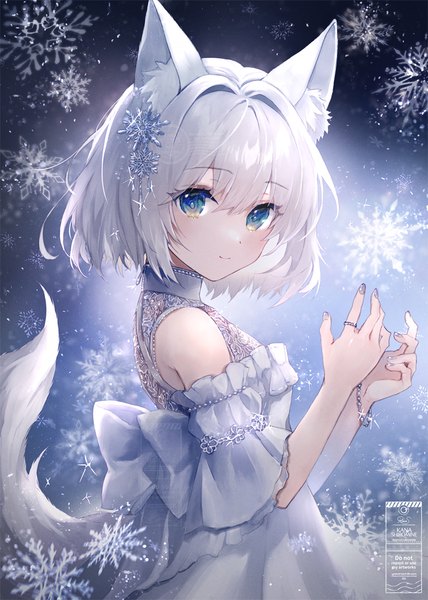 Anime picture 800x1122 with original shiromine kana single tall image looking at viewer fringe short hair blue eyes hair between eyes bare shoulders animal ears silver hair upper body tail nail polish animal tail light smile watermark girl hair ornament