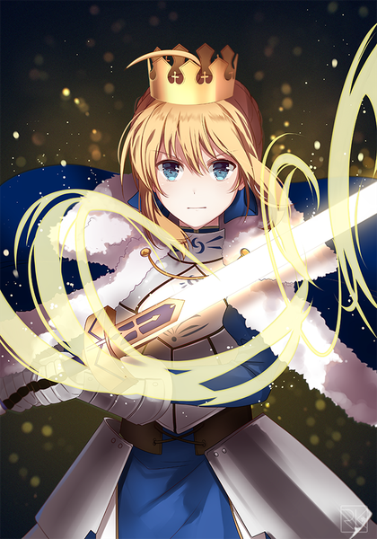 Anime picture 660x943 with fate (series) fate/stay night artoria pendragon (all) saber k-rumi single tall image looking at viewer fringe short hair blue eyes blonde hair hair between eyes ahoge fighting stance aura girl weapon sword armor