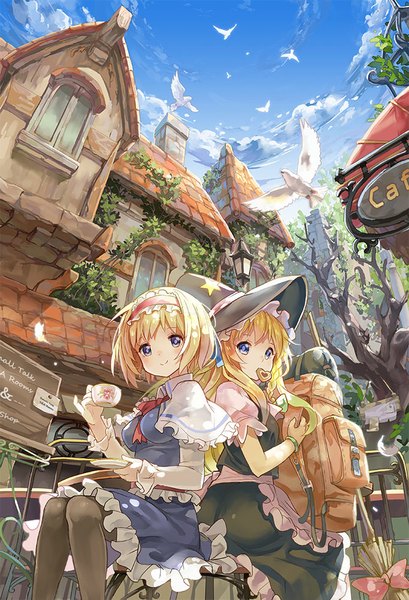 Anime picture 682x1000 with touhou kirisame marisa alice margatroid 77gl tall image looking at viewer blush fringe breasts blue eyes blonde hair smile sitting holding sky cloud (clouds) braid (braids) from below mouth hold single braid