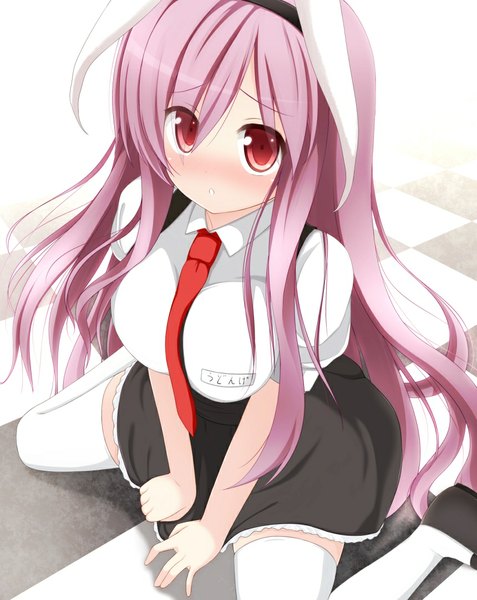 Anime picture 860x1082 with touhou reisen udongein inaba chimunge single long hair tall image looking at viewer red eyes animal ears pink hair bunny ears girl thighhighs dress white thighhighs necktie
