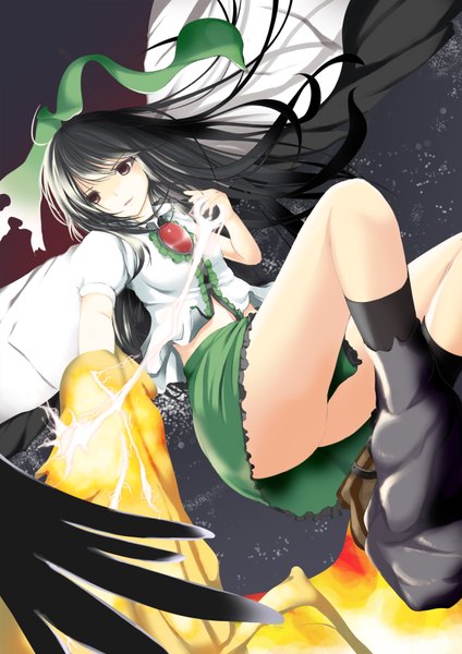Anime picture 2479x3508 with touhou reiuji utsuho rindou (faker's manual) long hair tall image highres black hair brown eyes magic arm cannon girl bow weapon hair bow wings boots