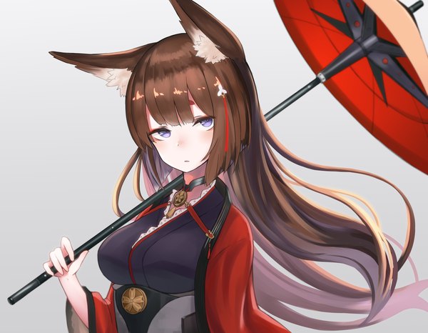 Anime picture 1980x1540 with azur lane amagi (azur lane) higashigure single long hair looking at viewer blush fringe highres blue eyes simple background standing holding animal ears upper body traditional clothes japanese clothes grey background fox ears floating hair