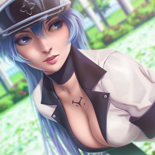 Anime picture 1320x1320 with akame ga kill! white fox esdeath miura-n315 single long hair breasts blue eyes light erotic blue hair looking away cleavage upper body realistic tattoo girl weapon sword choker peaked cap