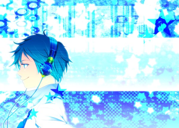 Anime picture 1460x1050 with original marimo single short hair blue eyes smile blue hair ahoge profile boy headphones star (symbol) wire (wires)
