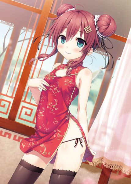 Anime picture 2220x3107 with maitetsu migita hibiki cura single long hair tall image looking at viewer blush fringe highres breasts blue eyes light erotic smile hair between eyes red eyes standing bare shoulders payot ahoge