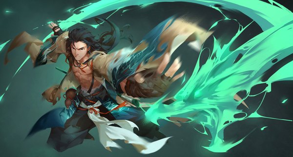 Anime picture 1920x1032 with original xuwenxu single long hair looking at viewer highres black hair simple background wide image brown eyes traditional clothes open clothes wide sleeves floating hair magic spread arms fantasy serious green background boy