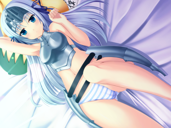 Anime picture 1600x1200 with kore wa zombie desu ka? studio deen eucliwood hellscythe single long hair blue eyes light erotic silver hair lying girl navel underwear panties ribbon (ribbons) apron striped panties helmet