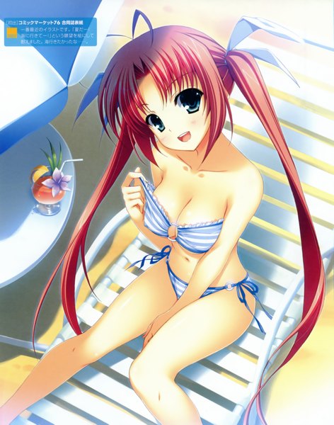 Anime picture 2533x3221 with original yuuki hagure single long hair tall image looking at viewer blush highres breasts open mouth light erotic large breasts sitting twintails bare shoulders cleavage ahoge red hair aqua eyes scan
