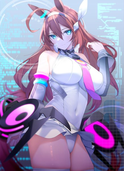 Anime picture 783x1074 with umamusume mihono bourbon (umamusume) giba (out-low) single long hair tall image blush fringe breasts blue eyes light erotic hair between eyes brown hair large breasts standing bare shoulders animal ears ahoge tail animal tail