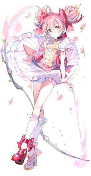 Anime picture 1240x2411 with mahou shoujo madoka magica shaft (studio) kaname madoka rumoon single tall image looking at viewer fringe short hair hair between eyes twintails pink hair full body pink eyes puffy sleeves short twintails magical girl girl dress flower (flowers)