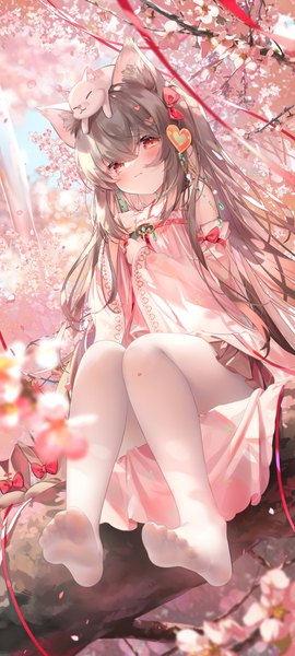 Anime picture 1081x2400 with original chen bin single long hair tall image looking at viewer blush fringe hair between eyes red eyes sitting holding animal ears bent knee (knees) outdoors grey hair wide sleeves from below no shoes one side up