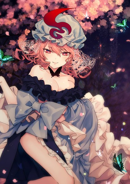 Anime picture 800x1130 with touhou saigyouji yuyuko renkarua single tall image fringe short hair breasts light erotic hair between eyes bare shoulders pink hair cleavage pink eyes cherry blossoms adapted costume girl bow hat petals