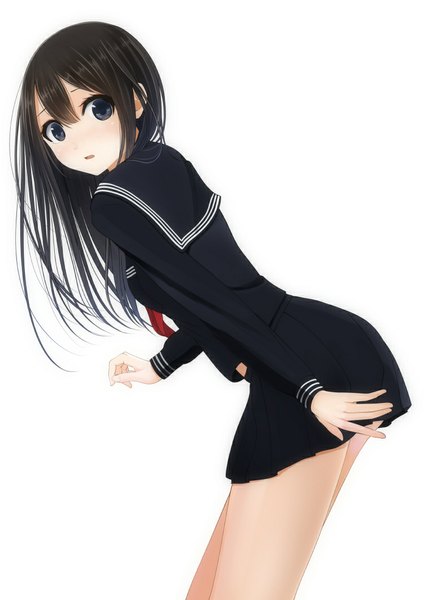 Anime picture 753x1063 with original kentaurosu single long hair tall image looking at viewer blush fringe black hair simple background white background long sleeves parted lips pleated skirt black eyes leaning leaning forward girl skirt uniform