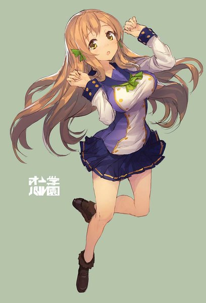 Anime picture 800x1177 with koko ga genkai no oval gakuen tagme (character) lm7 (op-center) single long hair tall image looking at viewer blush breasts simple background brown hair brown eyes green background girl uniform ribbon (ribbons) hair ribbon school uniform shoes