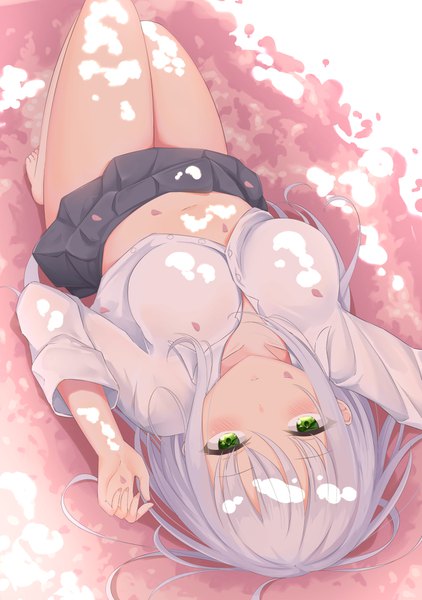 Anime picture 1210x1720 with original kanade pa single long hair tall image looking at viewer blush fringe breasts light erotic simple background hair between eyes green eyes payot silver hair full body bent knee (knees) lying long sleeves parted lips