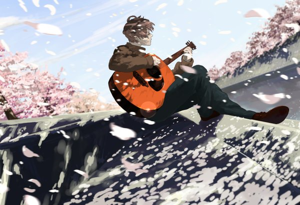 Anime picture 1440x988 with original kuronokuro single short hair brown hair sitting cherry blossoms street playing instrument boy uniform school uniform petals boots musical instrument guitar