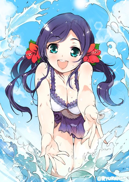 Anime picture 1403x1984 with love live! school idol project sunrise (studio) love live! toujou nozomi ryu naitou single long hair tall image looking at viewer breasts open mouth blue eyes light erotic twintails signed cleavage purple hair hair flower low twintails fisheye