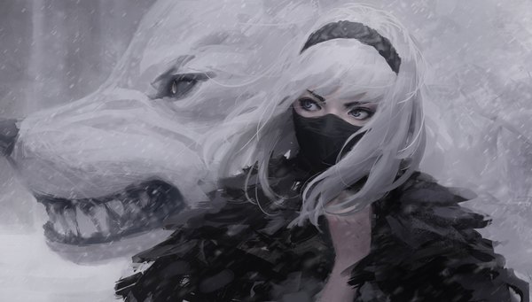 Anime picture 4096x2333 with original guweiz single long hair fringe highres blue eyes wide image looking away absurdres upper body outdoors white hair wind realistic fur trim snowing winter girl animal
