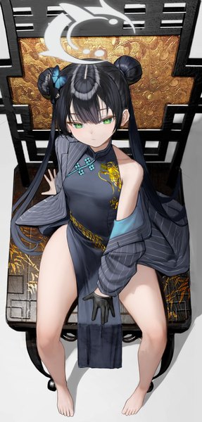 Anime picture 860x1800 with blue archive kisaki (blue archive) nyatabe single long hair tall image looking at viewer fringe breasts light erotic black hair hair between eyes sitting twintails bare shoulders green eyes long sleeves traditional clothes barefoot from above
