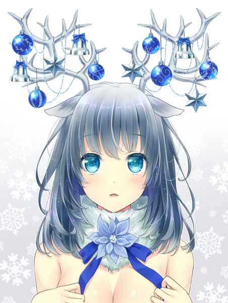 Anime picture 1000x1325 with original daidai jamu single long hair tall image looking at viewer blush blue eyes light erotic black hair animal ears parted lips horn (horns) girl garland