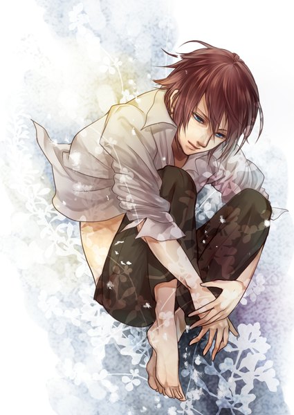 Anime picture 1500x2118 with original senano-yu single tall image highres short hair blue eyes brown hair sitting full body barefoot open clothes open shirt blue background twisty sleeves boy