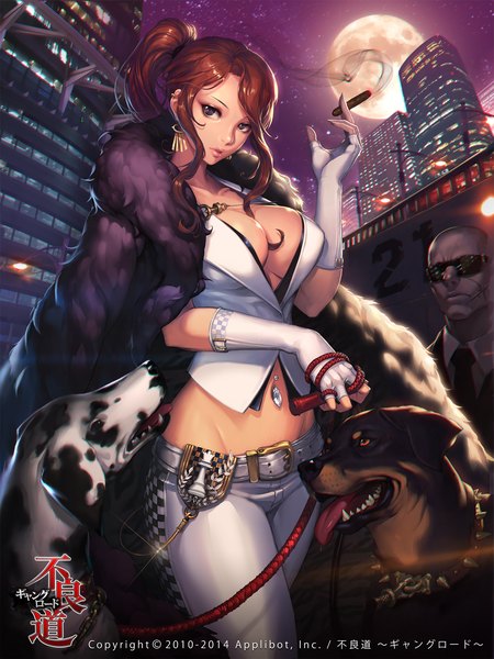Anime picture 1125x1500 with buliang dao original morry long hair tall image looking at viewer breasts open mouth light erotic brown hair large breasts purple eyes sky night teeth bare belly fang (fangs) night sky piercing city
