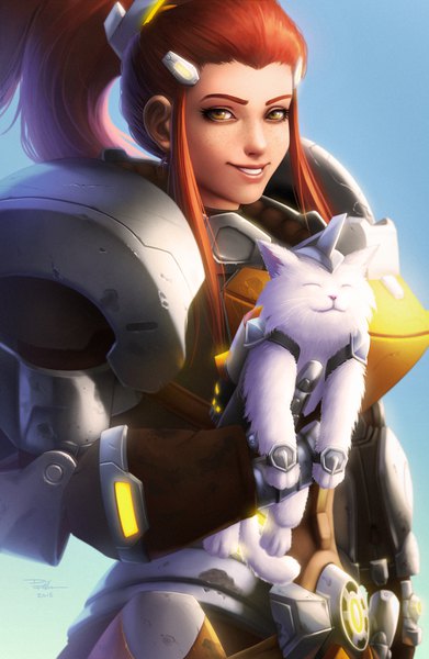 Anime picture 783x1200 with overwatch blizzard entertainment brigitte (overwatch) digiflohw single long hair tall image looking at viewer smile brown hair standing holding brown eyes signed payot sky ponytail parted lips realistic freckles