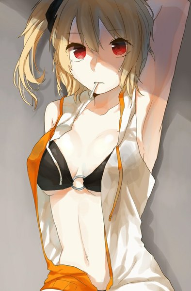 Anime picture 600x913 with kagerou project shaft (studio) kisaragi momo moegi0926 single tall image looking at viewer fringe short hair breasts light erotic blonde hair red eyes armpit (armpits) one side up girl navel