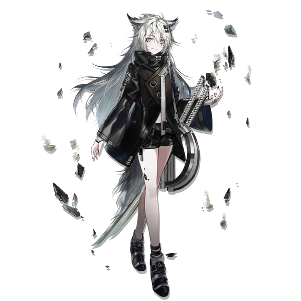 Anime picture 1024x1024 with arknights lappland (arknights) huanxiang heitu single long hair fringe smile hair between eyes standing animal ears silver hair full body tail animal tail official art bare legs scar transparent background silver eyes wolf ears
