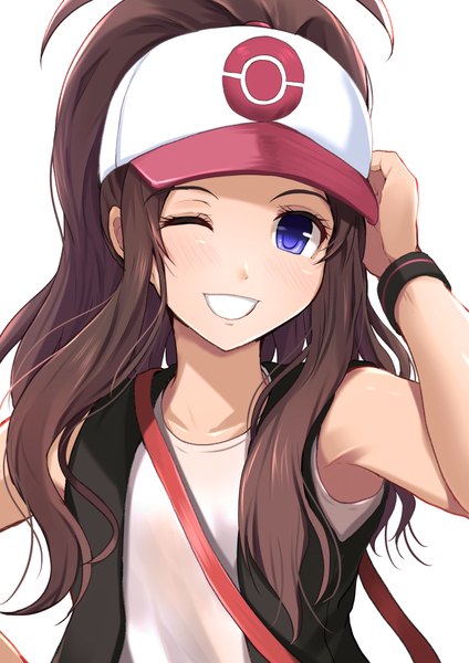 Anime picture 1412x2000 with pokemon pokemon black and white nintendo hilda (pokemon) kanzaki kureha single long hair tall image looking at viewer blush blue eyes simple background smile brown hair white background bare shoulders upper body ponytail one eye closed arm up