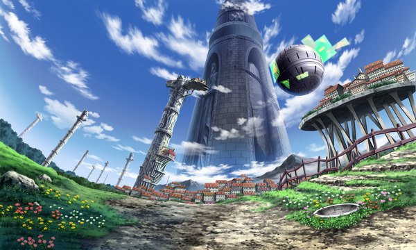 Anime picture 1996x1200 with ar tonelico gust (company) highres wide image sky cloud (clouds) city flying landscape flower (flowers) plant (plants) building (buildings) grass aircraft pillar column tower