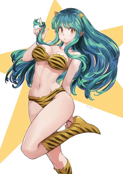Anime picture 2894x4093 with urusei yatsura lum jun (seojh1029) single long hair tall image looking at viewer fringe highres breasts light erotic simple background large breasts standing yellow eyes bent knee (knees) parted lips horn (horns) green hair pointy ears