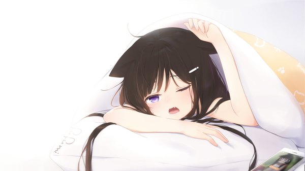Anime picture 1919x1079 with original fufumi single long hair looking at viewer blush fringe highres open mouth simple background wide image white background signed animal ears ahoge lying head tilt one eye closed cat ears cat girl