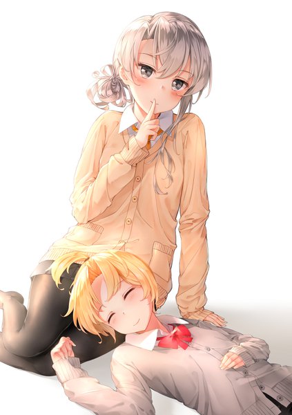 Anime picture 1000x1418 with kantai collection maikaze destroyer nowaki (kantai collection) somalisu tall image blush short hair blonde hair white background multiple girls silver hair eyes closed grey eyes finger to mouth sleeping girl uniform 2 girls school uniform