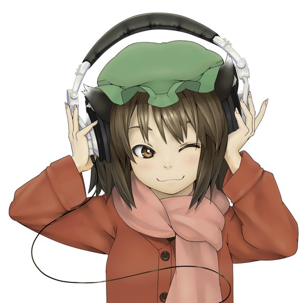 Anime picture 1654x1654 with touhou chen kurou (crow) single short hair black hair simple background white background brown eyes animal ears one eye closed wink cat ears girl jacket headphones scarf