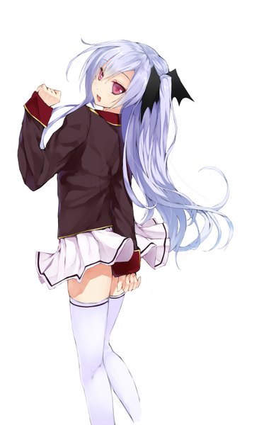 Anime picture 1000x1607 with original uttt long hair tall image open mouth simple background red eyes white background blue hair girl thighhighs skirt uniform school uniform miniskirt white thighhighs