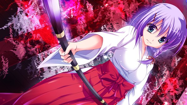 Anime picture 1280x720 with master re:master (game) short hair blue eyes wide image game cg purple hair miko girl