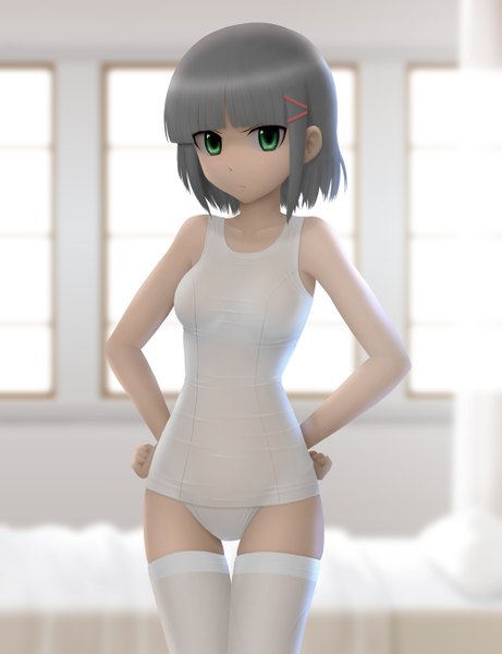 Anime picture 1000x1300 with hayate no gotoku! aizawa sakuya siraha single tall image looking at viewer short hair light erotic green eyes grey hair hands on hips 3d girl thighhighs white thighhighs school swimsuit white school swimsuit