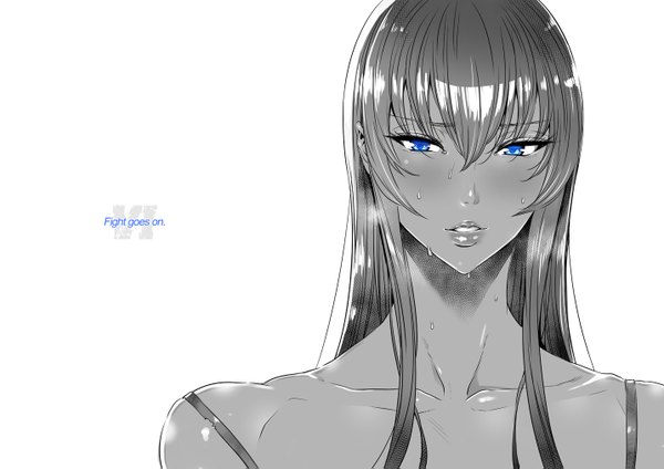 Anime picture 1433x1015 with highschool of the dead madhouse busujima saeko fei (maidoll) single long hair looking at viewer fringe blue eyes hair between eyes white background monochrome girl
