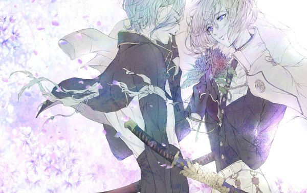 Anime picture 1200x754 with touken ranbu nitroplus higekiri (touken ranbu) hizamaru (touken ranbu) kuroe (pixiv5268156) short hair purple eyes blue hair looking away silver hair eyes closed wind multiple boys couple clothes on shoulders sheathed shounen ai hand on another's face boy gloves