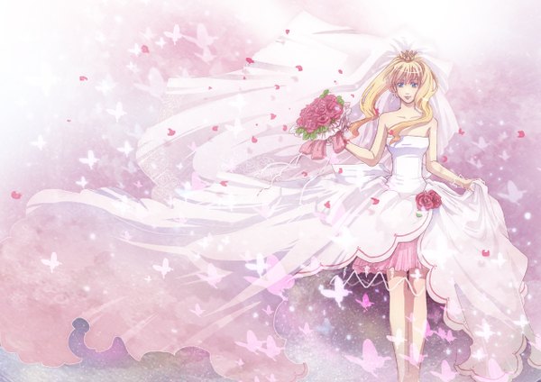 Anime-Bild 1273x900 mit macross macross frontier sheryl nome single long hair blue eyes blonde hair bare shoulders light smile wind pink background transparent girl dress gloves flower (flowers) earrings petals rose (roses) insect