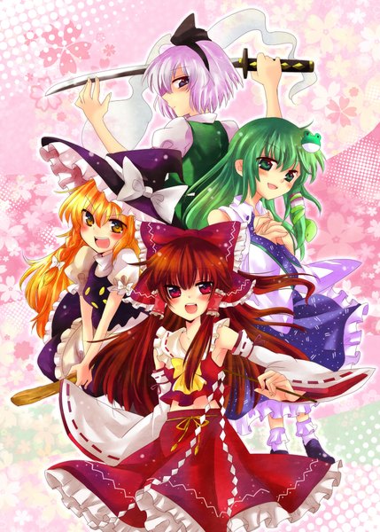 Anime picture 1500x2098 with touhou hakurei reimu kirisame marisa konpaku youmu kochiya sanae nekoko (mono96) long hair tall image blush short hair open mouth smile red eyes multiple girls green eyes pink hair red hair green hair orange hair orange eyes