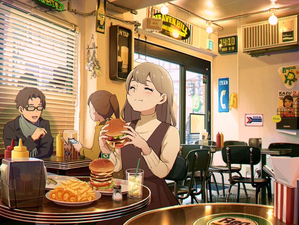 Anime-Bild 3548x2672 mit original 5114ave long hair fringe highres short hair open mouth blonde hair smile brown hair sitting multiple girls holding absurdres ponytail indoors eyes closed text solo focus eating