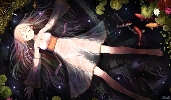 Anime picture 1202x702 with original bail long hair blonde hair wide image bare shoulders lying eyes closed barefoot light smile pointy ears wet spread arms music ophelia's pose girl detached sleeves earrings water fish (fishes)