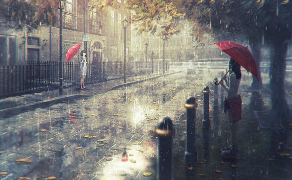 Anime picture 1500x926 with original natsu (hottopeppa3390) long hair fringe short hair black hair wide image standing multiple girls holding looking away full body outdoors from behind black eyes open jacket shadow city looking up rain