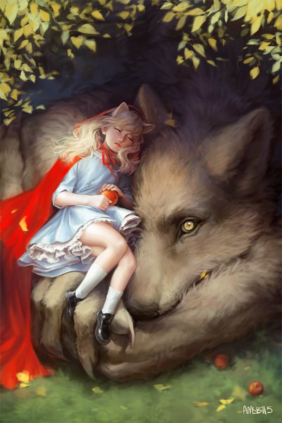 Anime picture 600x900 with little red riding hood little red riding hood (character) big bad wolf amsbt long hair tall image looking at viewer fringe blonde hair signed animal ears yellow eyes lying eyes closed sleeping wolf ears girl dress animal socks